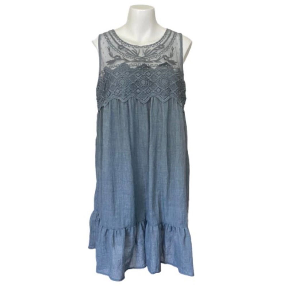Umgee Blue Chambray & Lace Tunic M